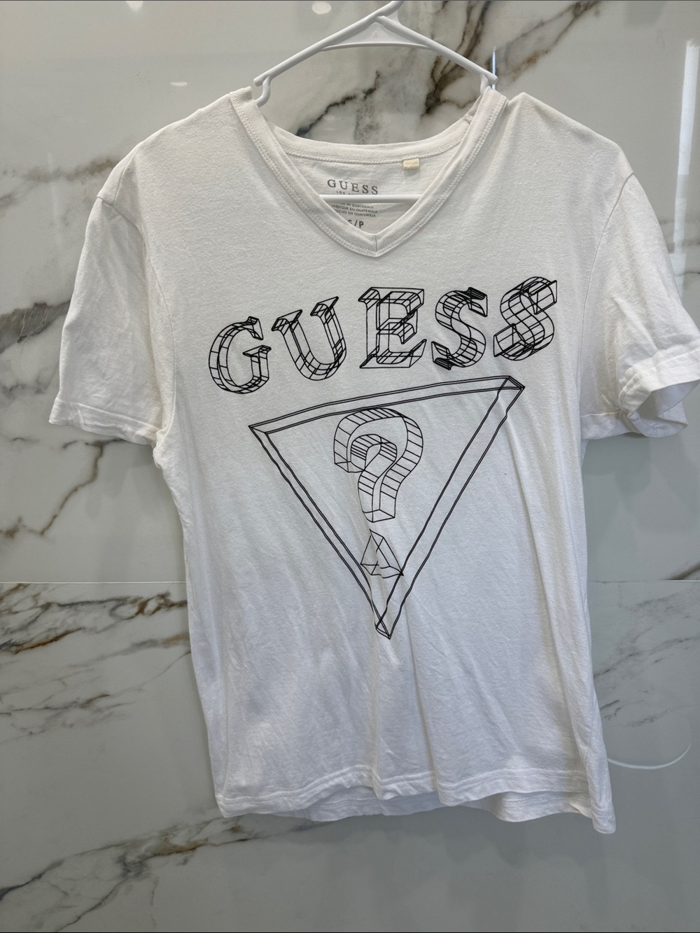 Guess White Short Sleeve V-Neck Logo Tee